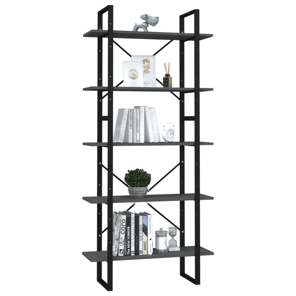 Bookcase with 5 shelves, gray, 80x30x175 cm, processed wood