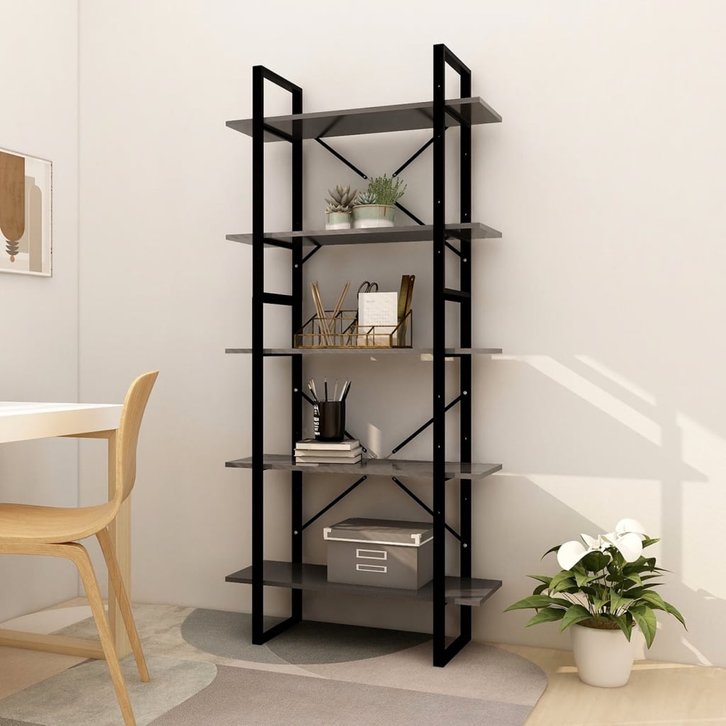 Bookcase with 5 shelves, gray, 80x30x175 cm, processed wood