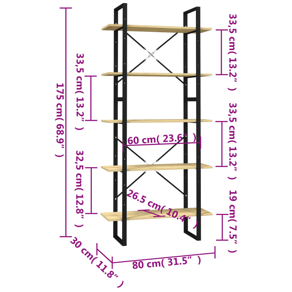 Bookcase with 5 shelves, 80x30x175 cm, solid pine wood