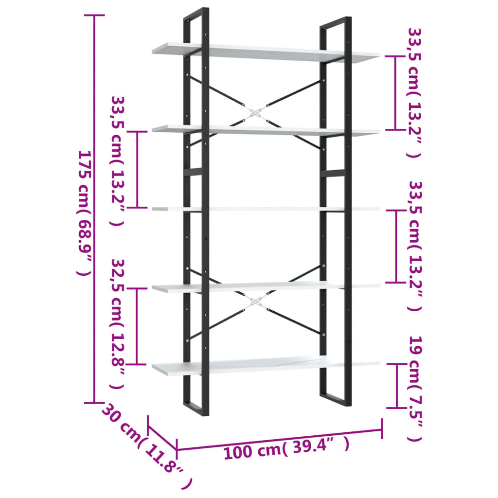 Bookcase with 5 shelves, white, 100x30x175 cm, processed wood