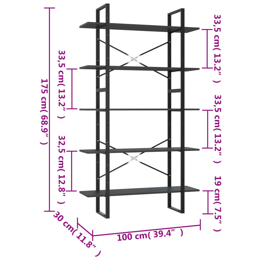 Bookcase with 5 shelves, gray, 100x30x175 cm, processed wood