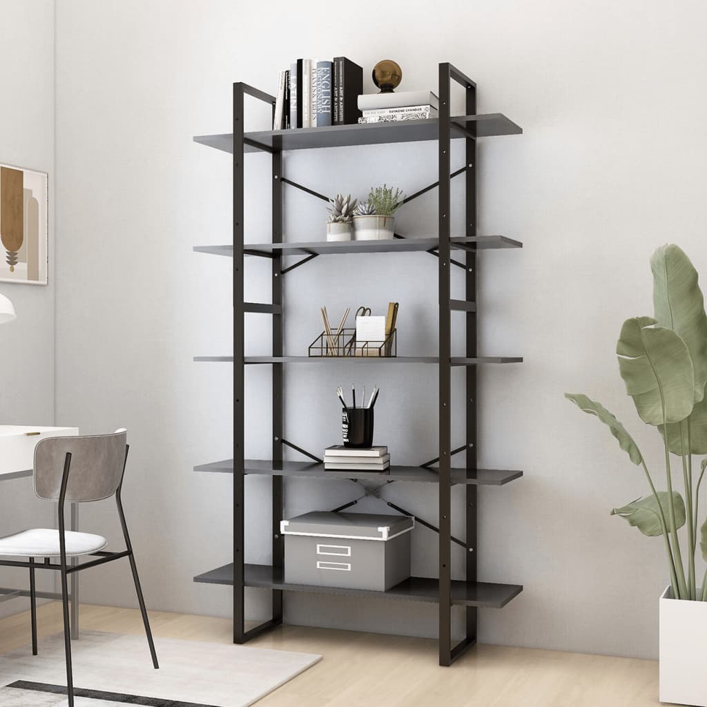 Bookcase with 5 shelves, gray, 100x30x175 cm, processed wood