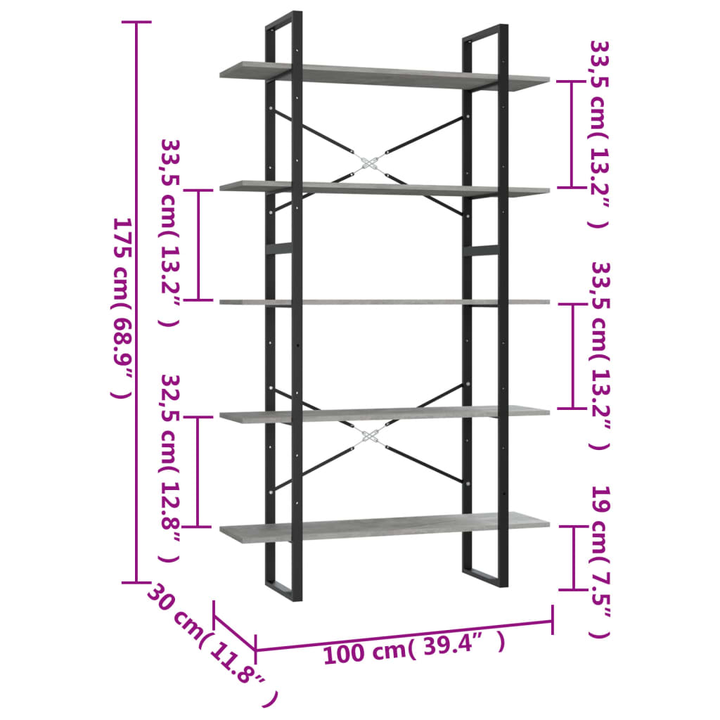 5-shelf bookcase, concrete gray, 100x30x175 cm, processed wood