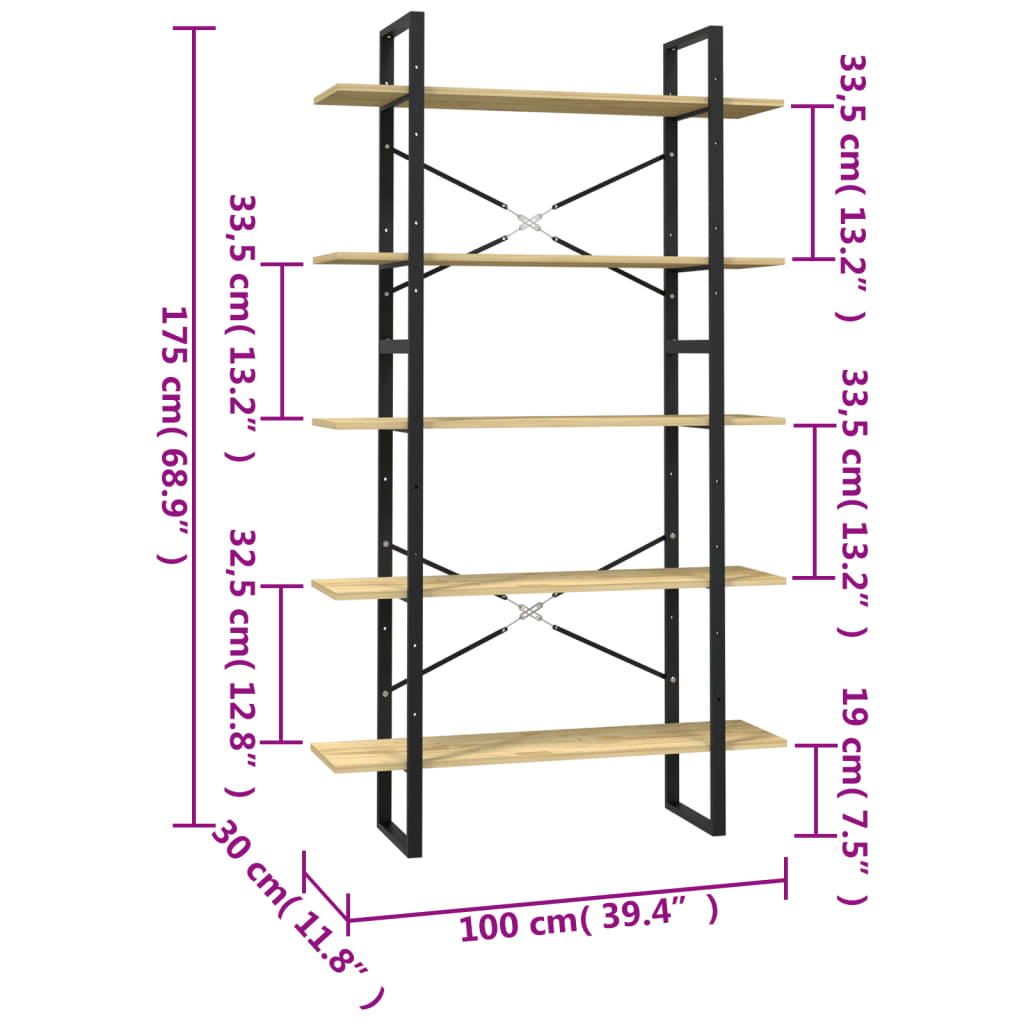 Bookcase with 5 shelves, 100x30x175 cm, solid pine wood