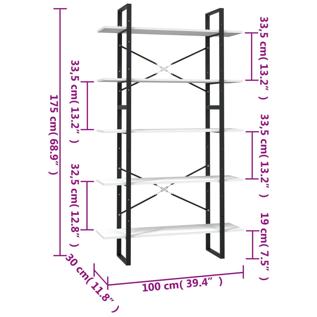 Bibliotecă cu 5 rafturi, alb, 100x30x175 cm, lemn masiv de pin