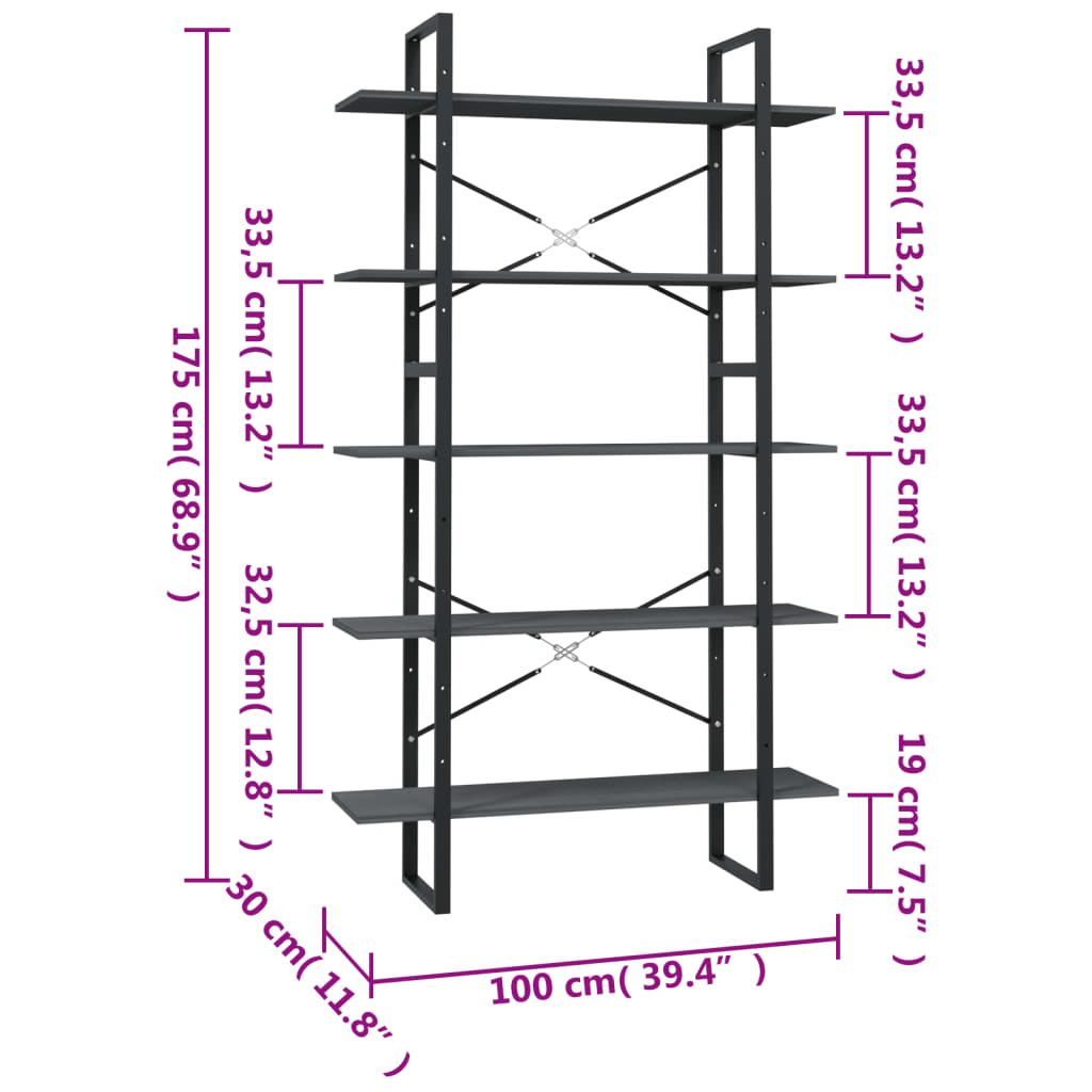 Bookcase with 5 shelves, gray, 100x30x175 cm, solid pine wood