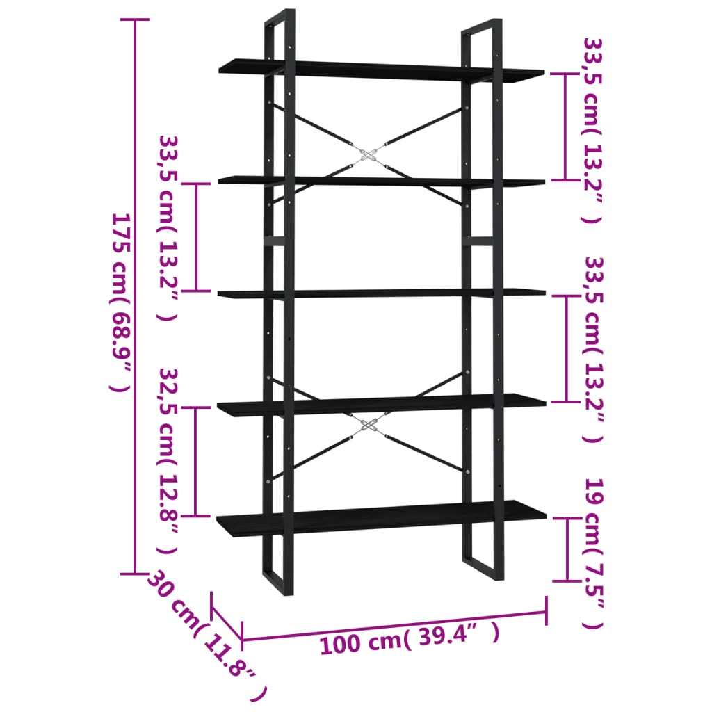 Bookcase with 5 shelves, black, 100x30x175 cm, solid pine wood