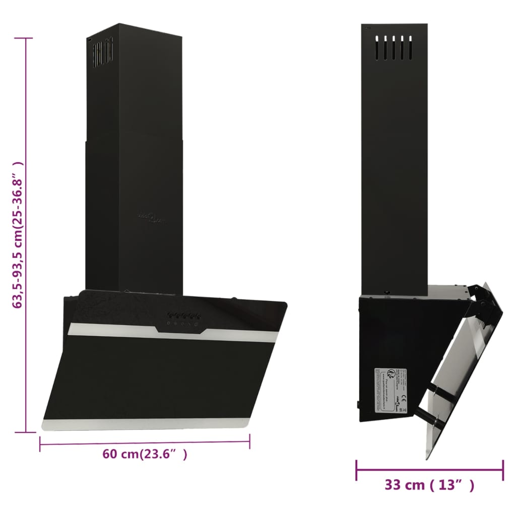 Wall-mounted hood, black, 60 cm, steel and tempered glass