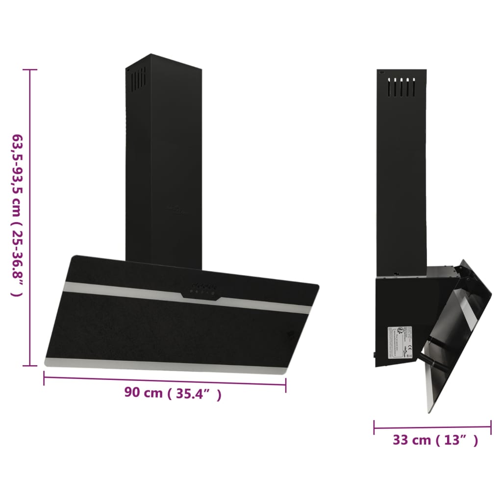 Wall-mounted hood, black, 90 cm, steel and tempered glass