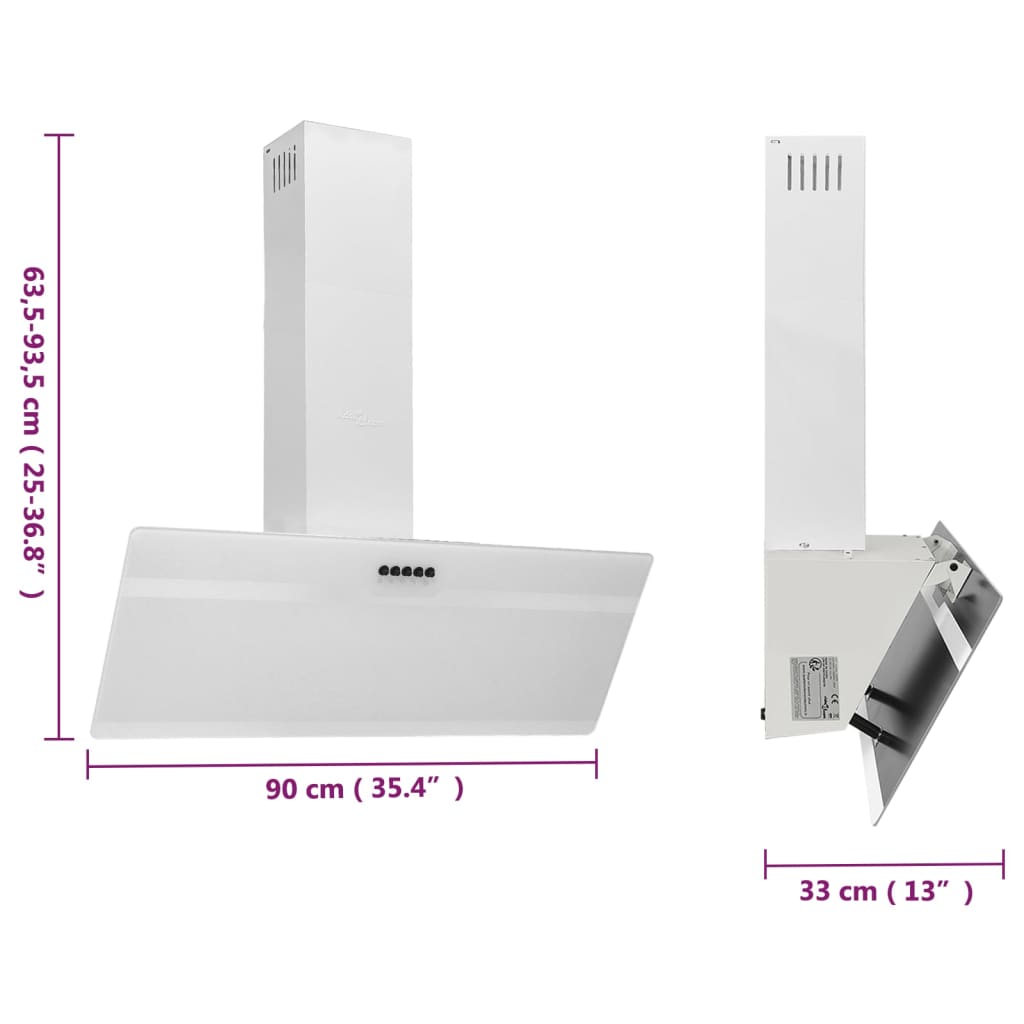 Wall-mounted hood, white, 90 cm, steel and tempered glass