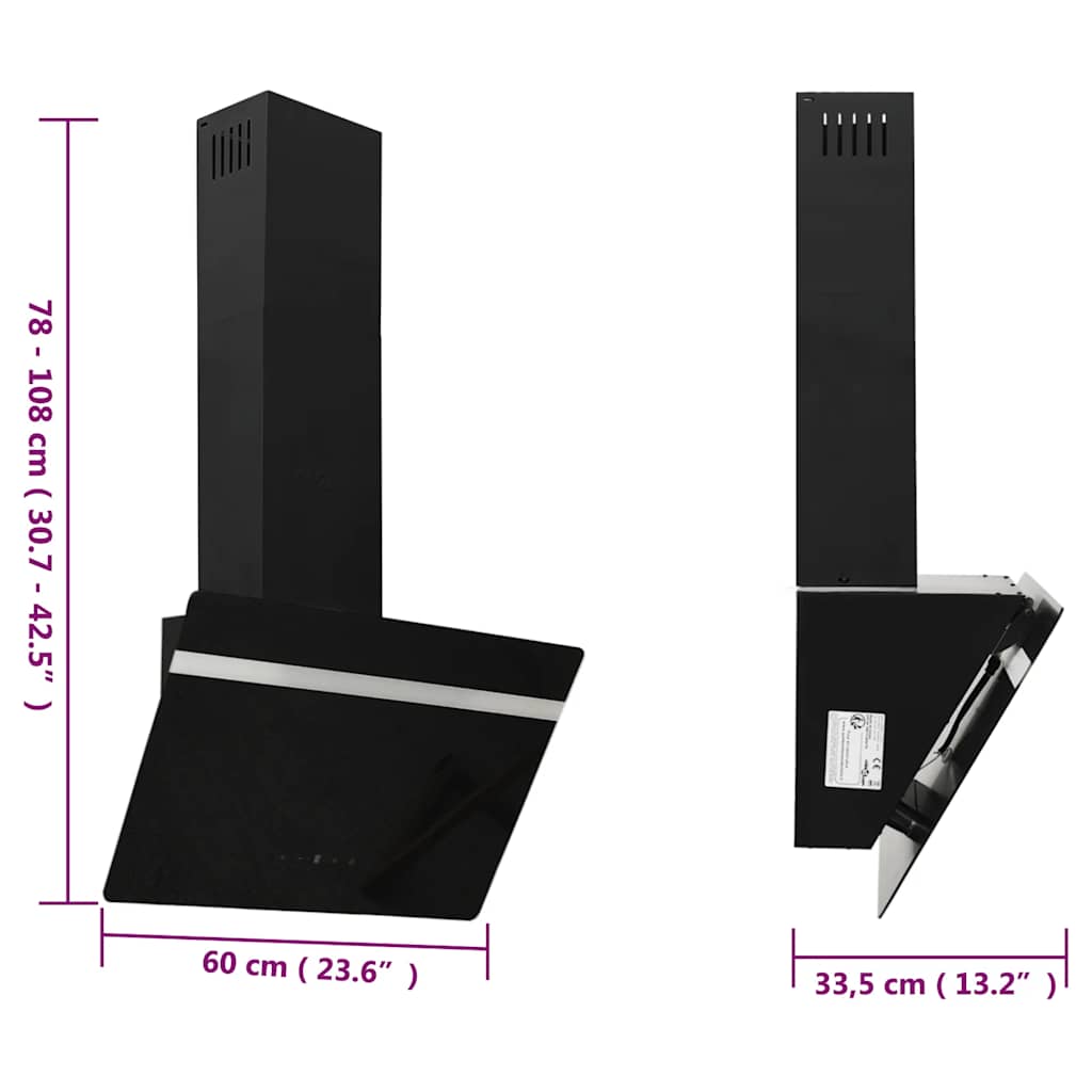 Black wall hood 60 cm steel and tempered glass