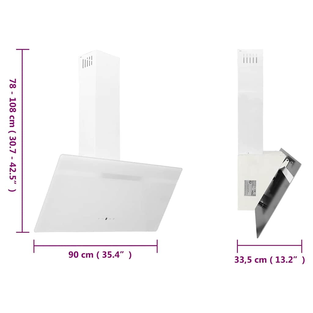 Wall-mounted hood, white, 90 cm, steel and tempered glass