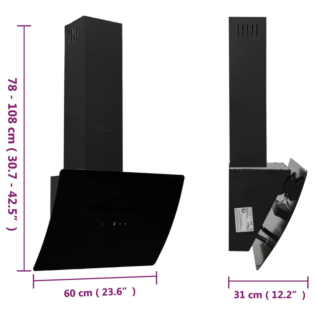 Black wall hood 60 cm steel and tempered glass