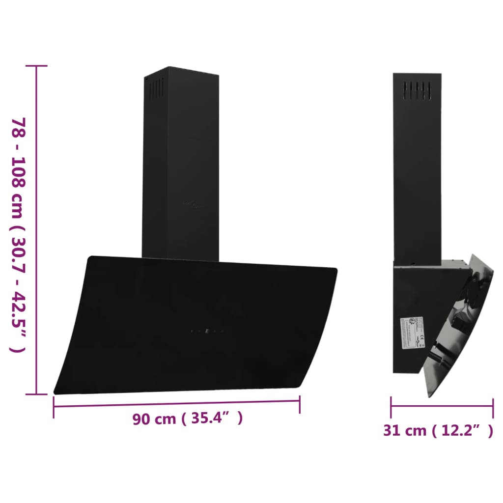 Wall-mounted hood, black, 90 cm, steel and tempered glass