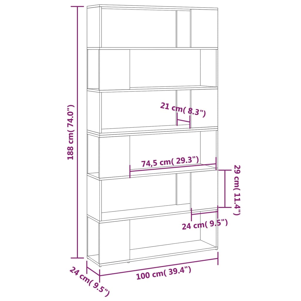 Bookcase/Room divider, sonoma oak, 100x24x188 cm