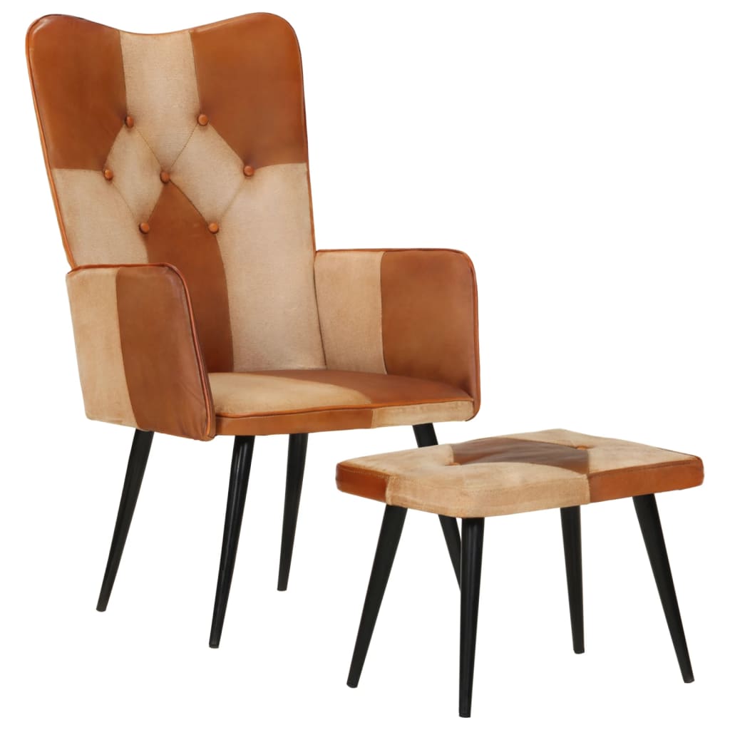 Armchair with ottoman, brown, natural leather and fabric