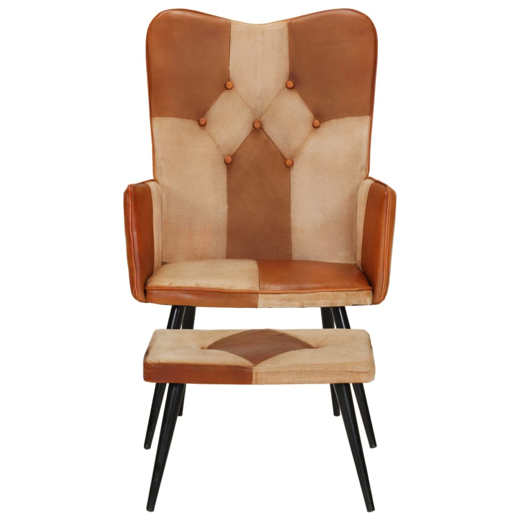 Armchair with ottoman, brown, natural leather and fabric