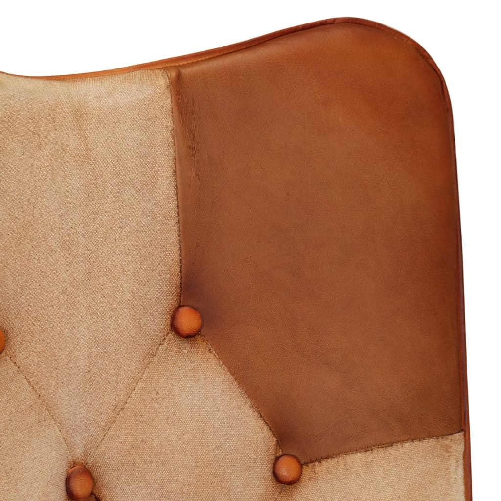 Armchair with ottoman, brown, natural leather and fabric