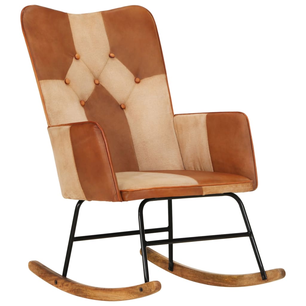 Rocking chair, brown, genuine leather and canvas