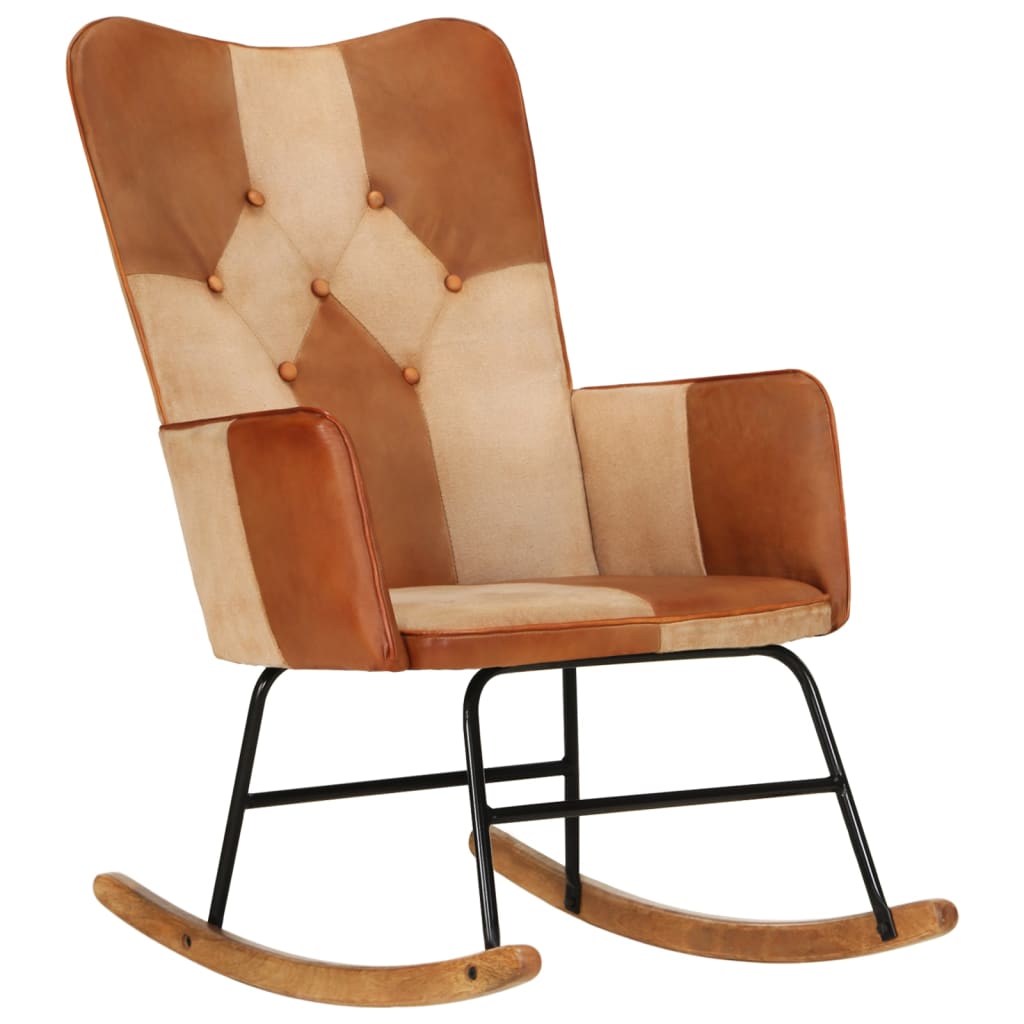 Rocking chair, brown, genuine leather and canvas