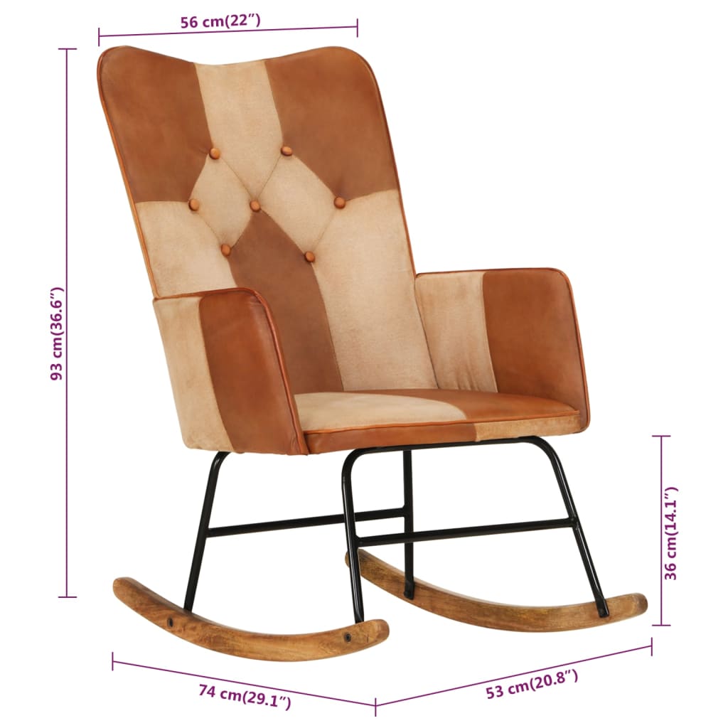 Rocking chair, brown, genuine leather and canvas