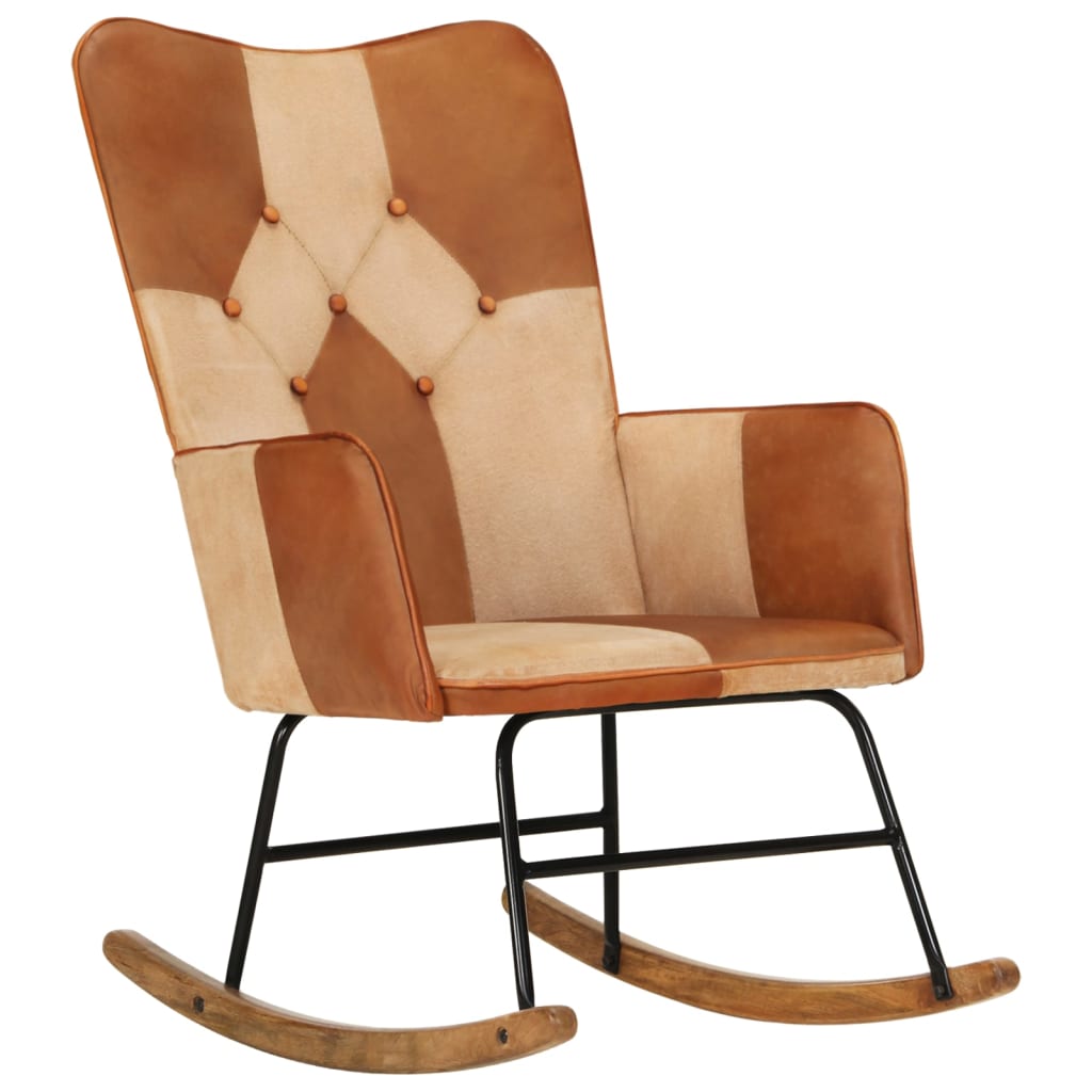 Rocking chair, brown, genuine leather and canvas