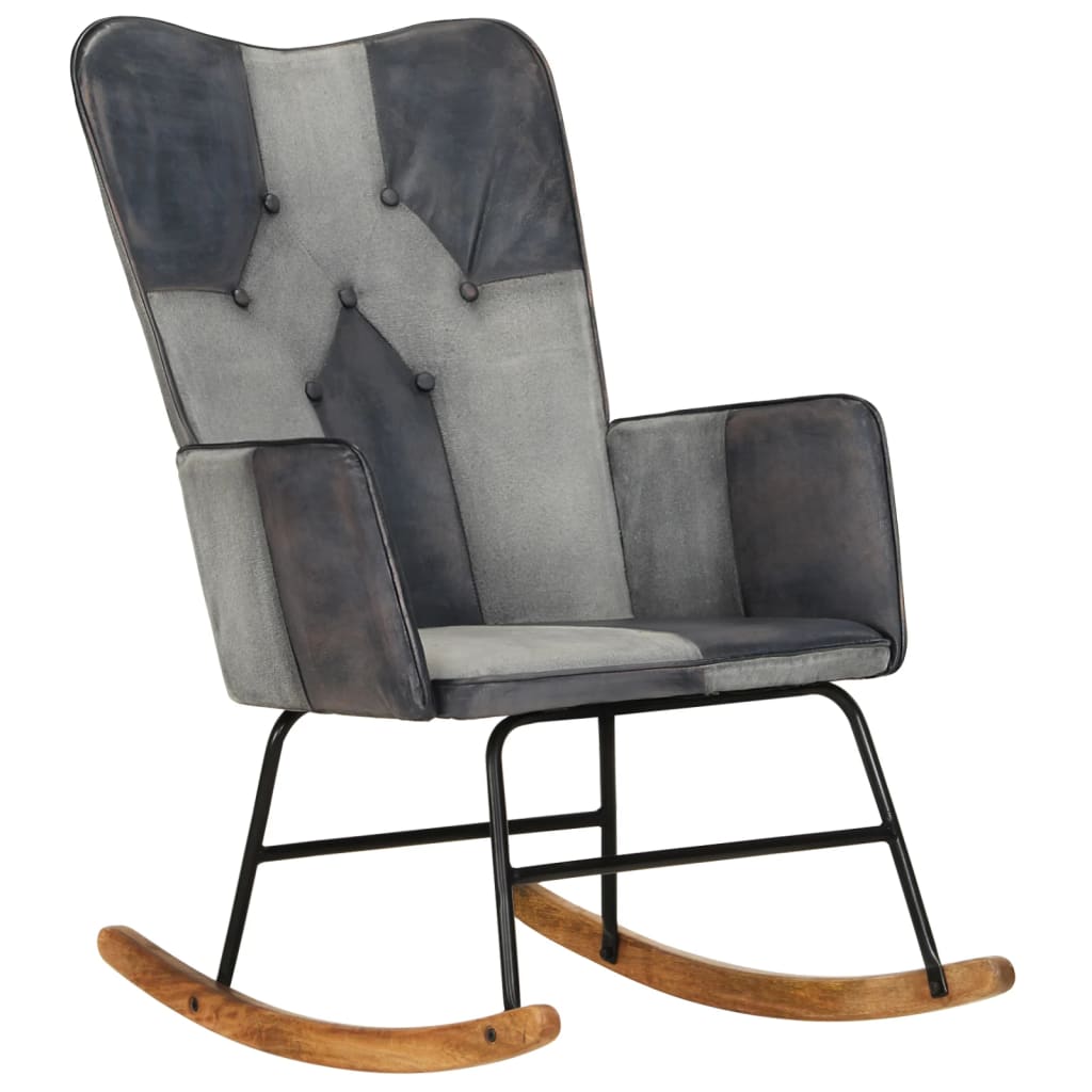 Rocking chair, gray, genuine leather and canvas