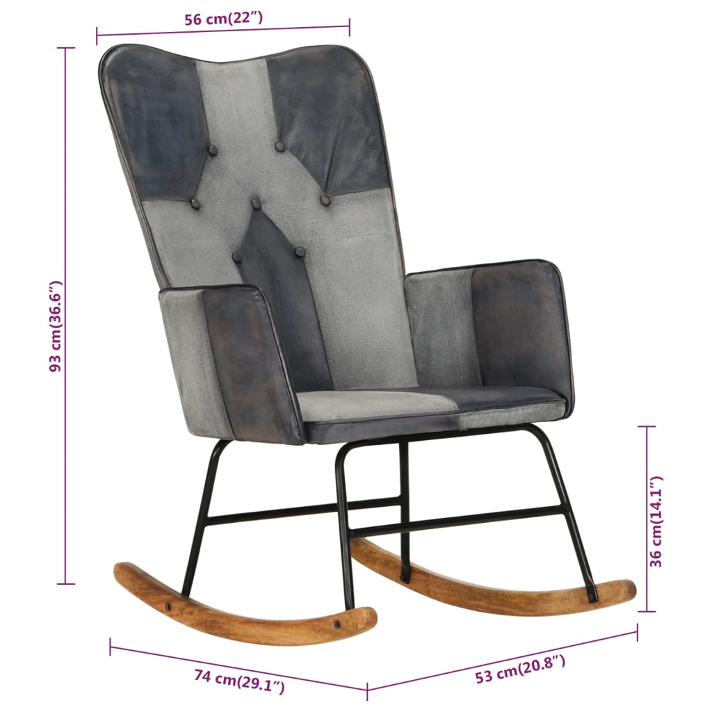 Rocking chair, gray, genuine leather and canvas