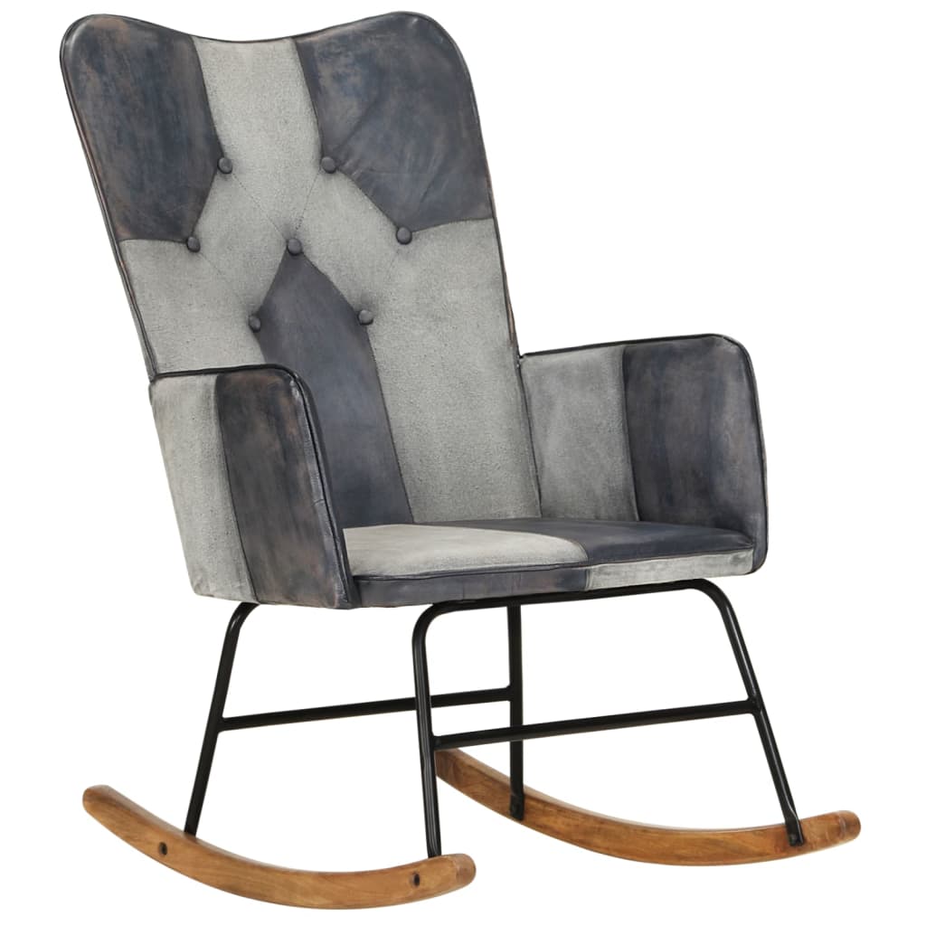 Rocking chair, gray, genuine leather and canvas