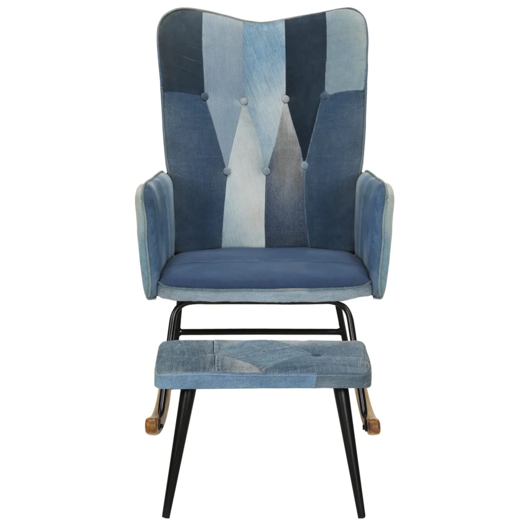 Rocking chair with stool, mosaic pattern, denim blue, canvas