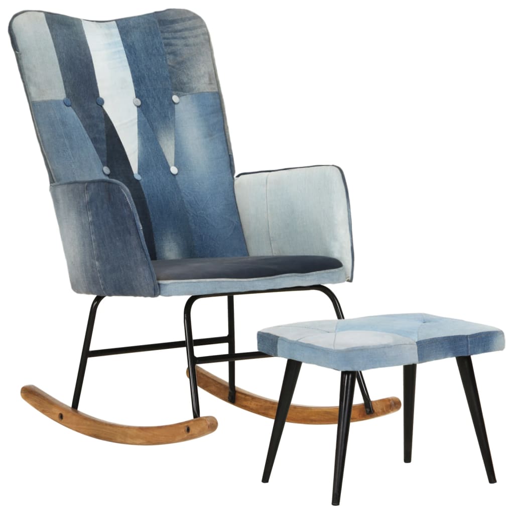 Rocking chair with stool, mosaic pattern, denim blue, canvas