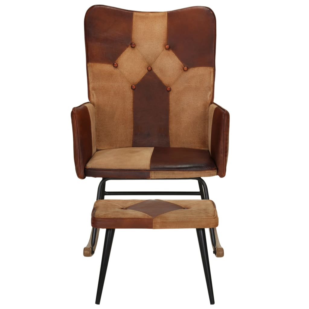 Rocking chair with stool, brown, natural leather and canvas