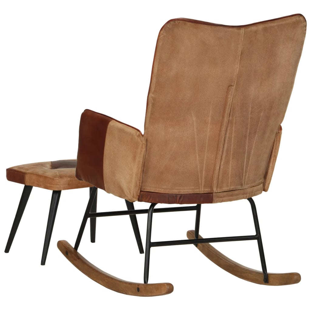 Rocking chair with stool, brown, natural leather and canvas