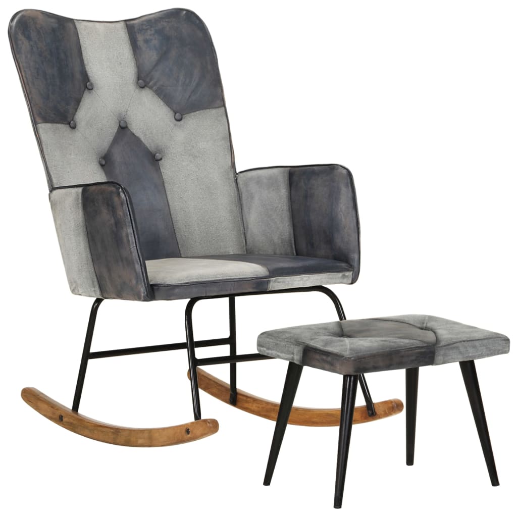 Rocking chair with stool, gray, natural leather and canvas