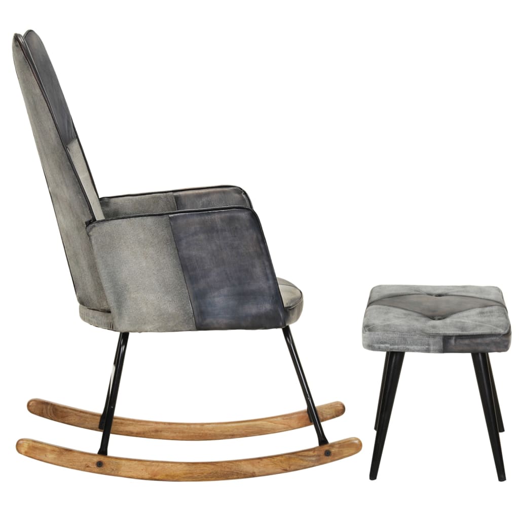 Rocking chair with stool, gray, natural leather and canvas