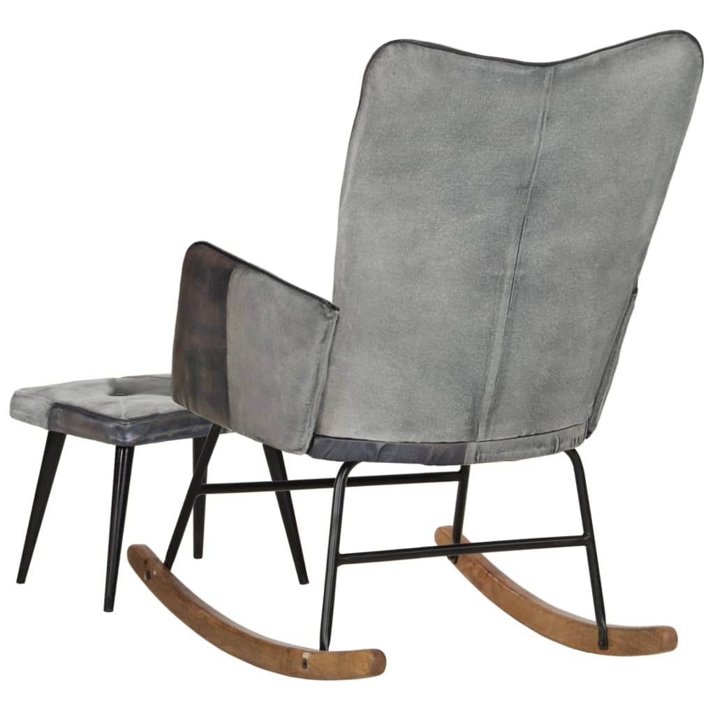 Rocking chair with stool, gray, natural leather and canvas