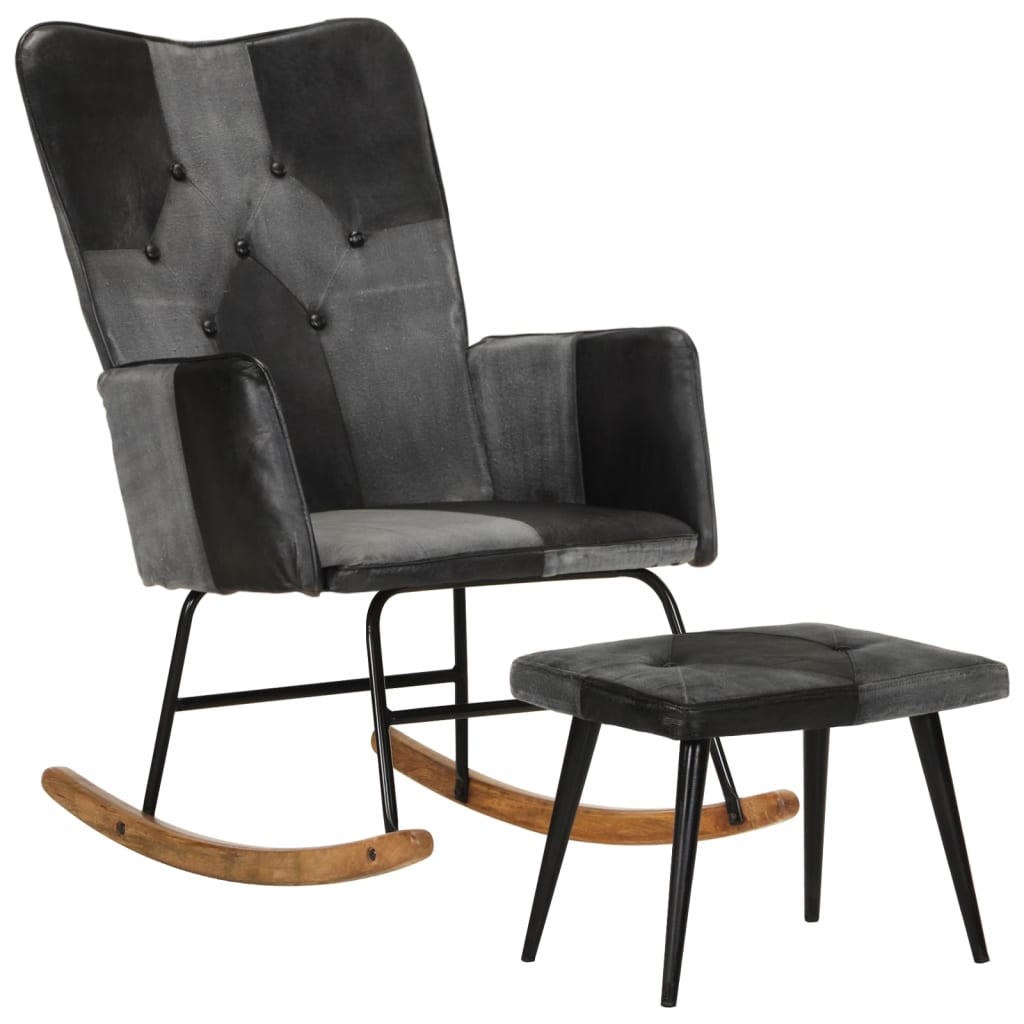 Rocking chair with stool, black, natural leather and canvas