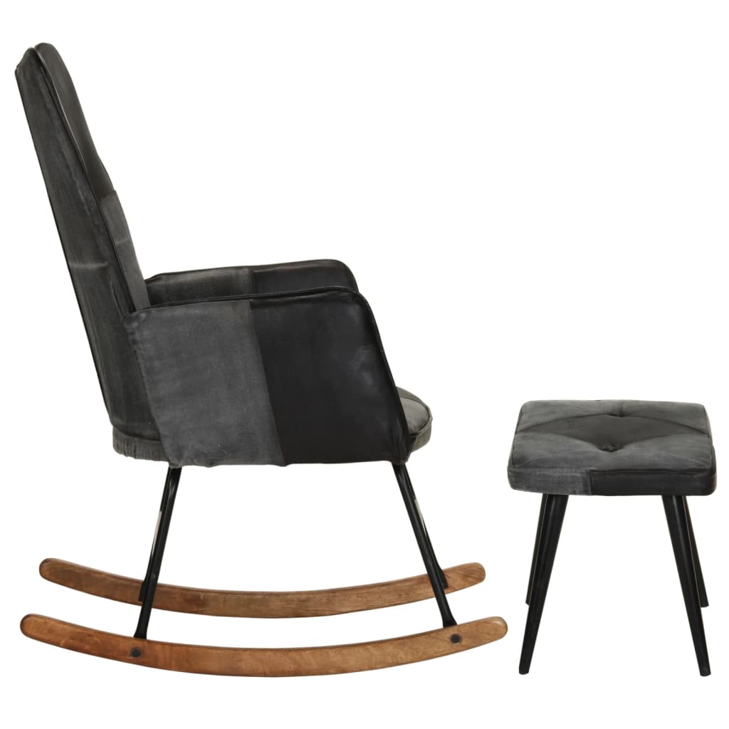 Rocking chair with stool, black, natural leather and canvas