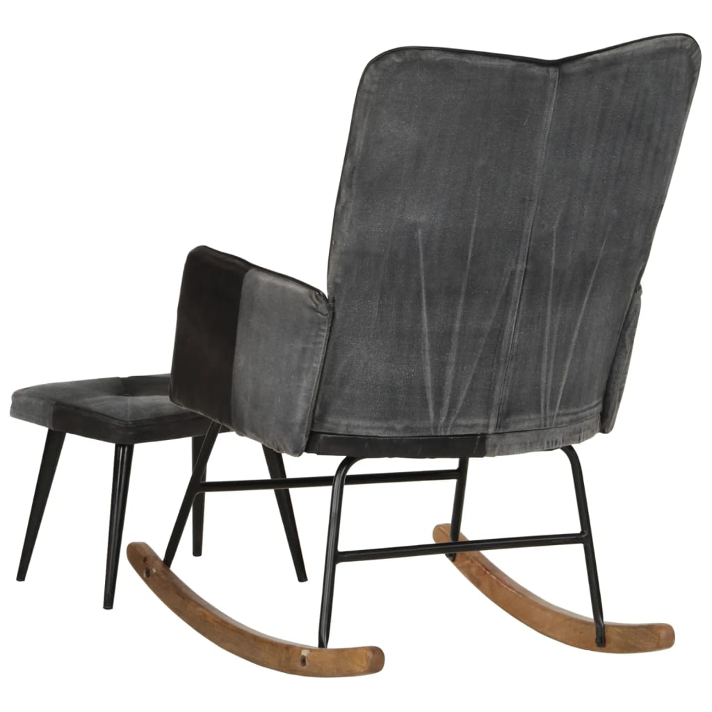 Rocking chair with stool, black, natural leather and canvas