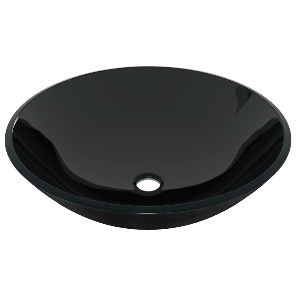 Bathroom sink with push-type tap and drain, black tempered glass