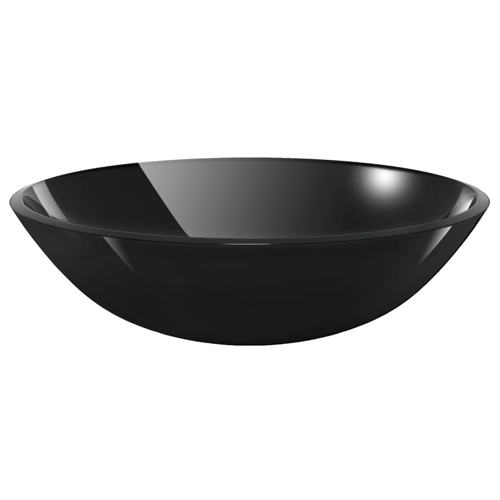 Bathroom sink with push-type tap and drain, black tempered glass