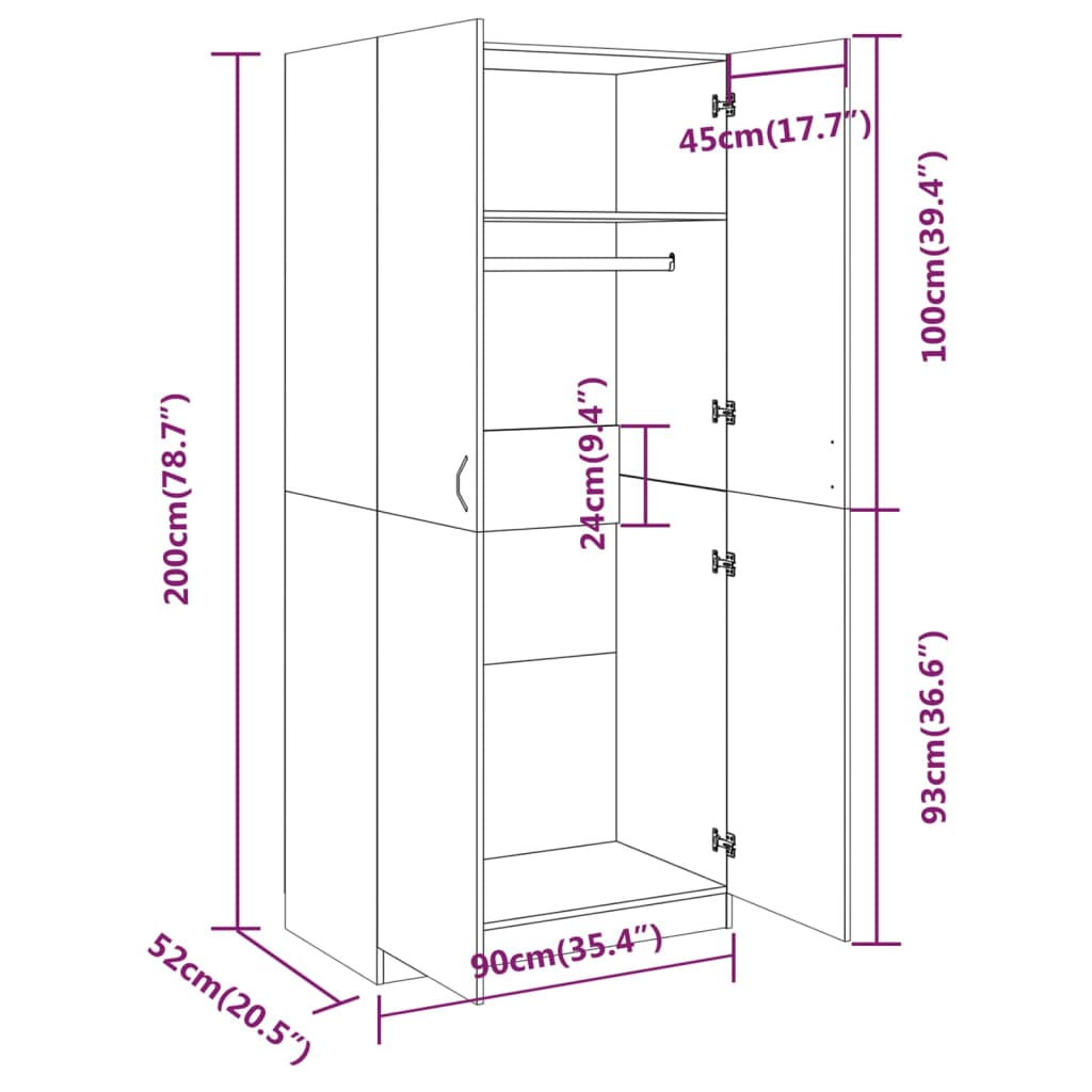 Wardrobe, brown oak, 90x52x200 cm, processed wood