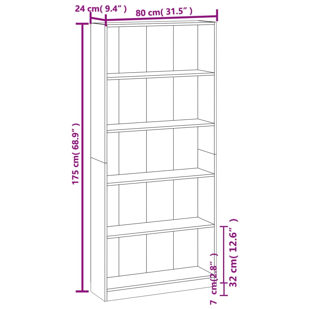 Bibliotecă 5 niveluri gri sonoma 80x24x175 cm lemn compozit