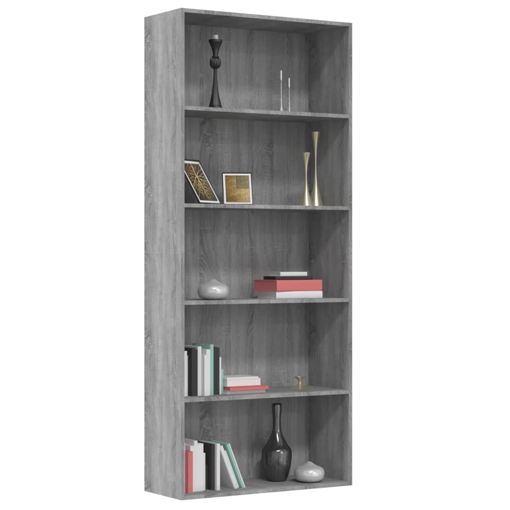 Bibliotecă 5 niveluri gri sonoma 80x30x189 cm lemn compozit