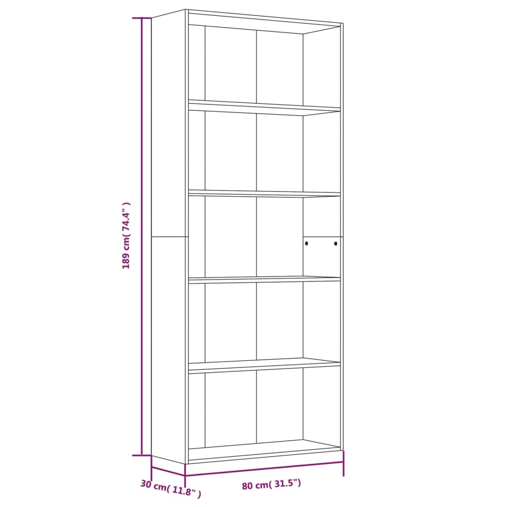 5-tier bookcase, sonoma gray, 80x30x189 cm, composite wood