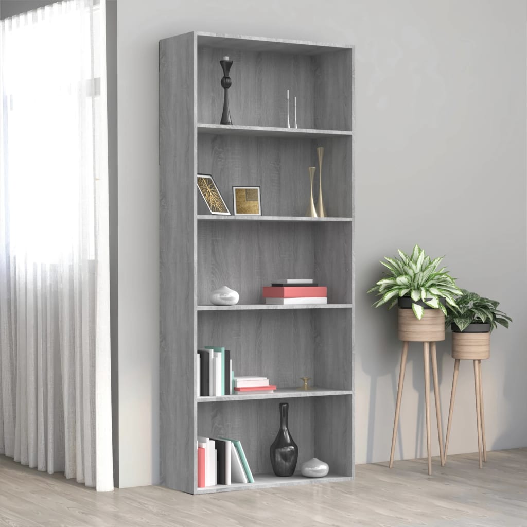 5-tier bookcase, sonoma gray, 80x30x189 cm, composite wood