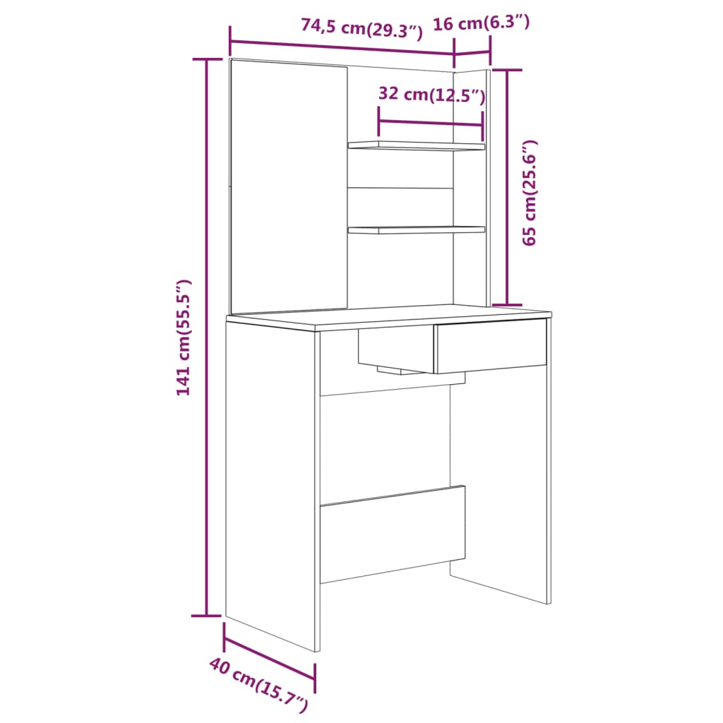 Dressing table with mirror, white, 74.5x40x141 cm