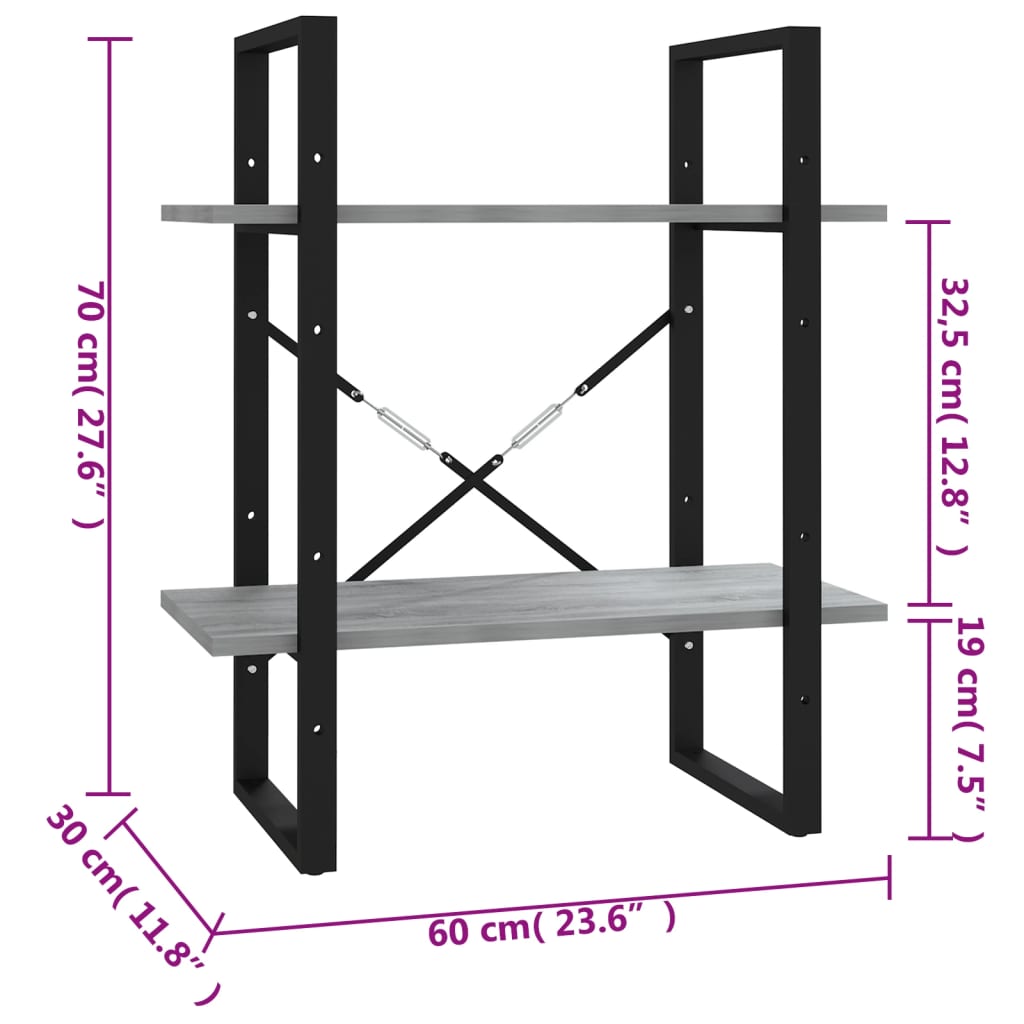 2-tier bookcase, sonoma gray, 60x30x70 cm, composite wood