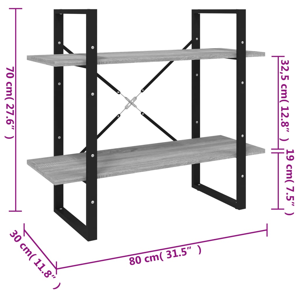 Bibliotecă 2 niveluri gri sonoma 80x30x70 cm lemn compozit