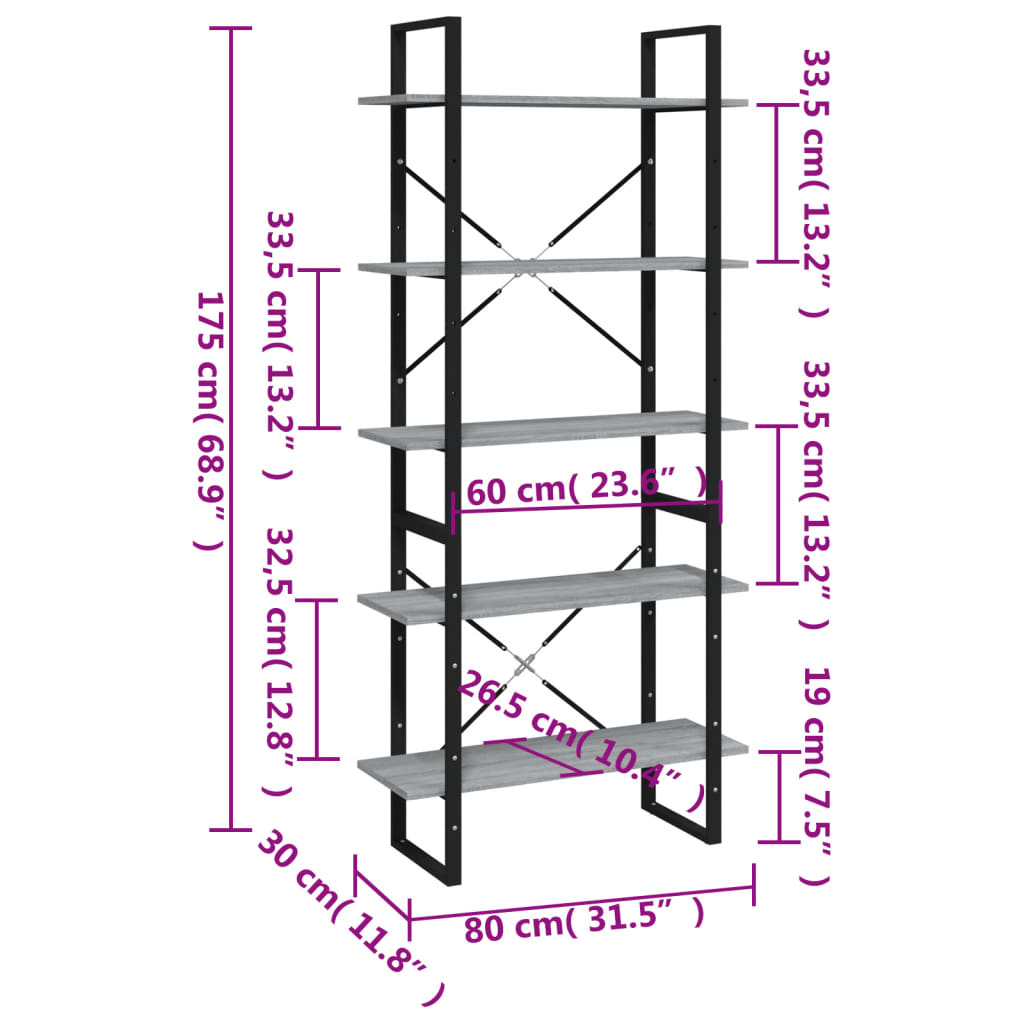 Bibliotecă 5 niveluri gri sonoma, 80x30x175 cm lemn prelucrat